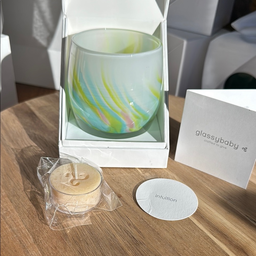 GlassyBaby “Intuition” Stickered First, Triskelion. Green, yellow blue and pink
